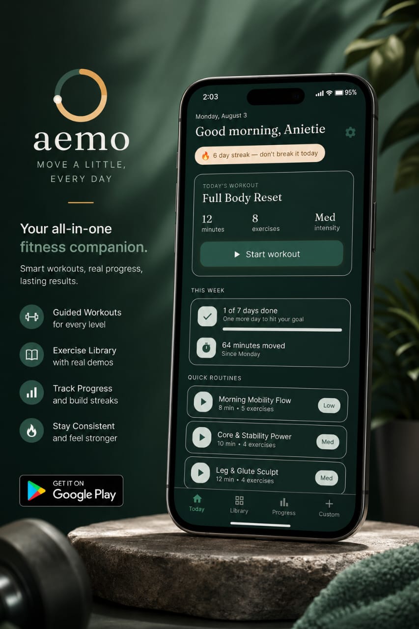 Aemo daily exercise app showing today's workout, weekly progress, and quick routines