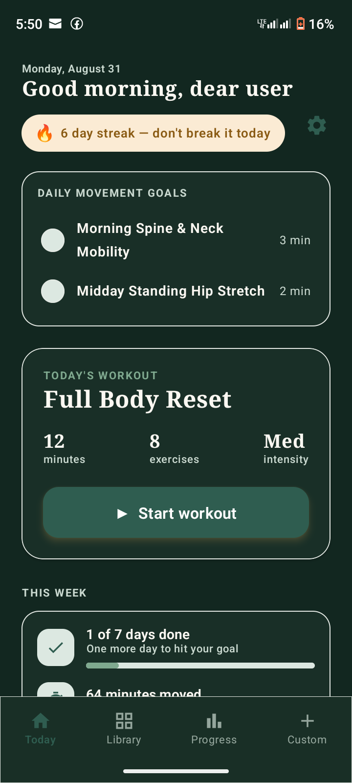 Aemo today's workout screen showing daily movement goals, Full Body Reset session, and weekly progress