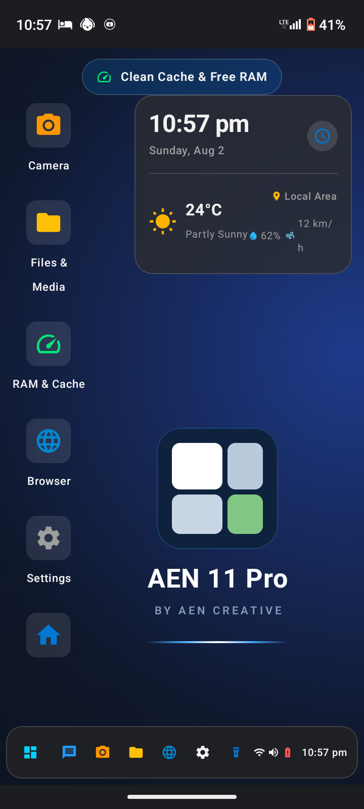 AEN 11 Pro launcher home screen showing app shortcuts, weather, and quick tools