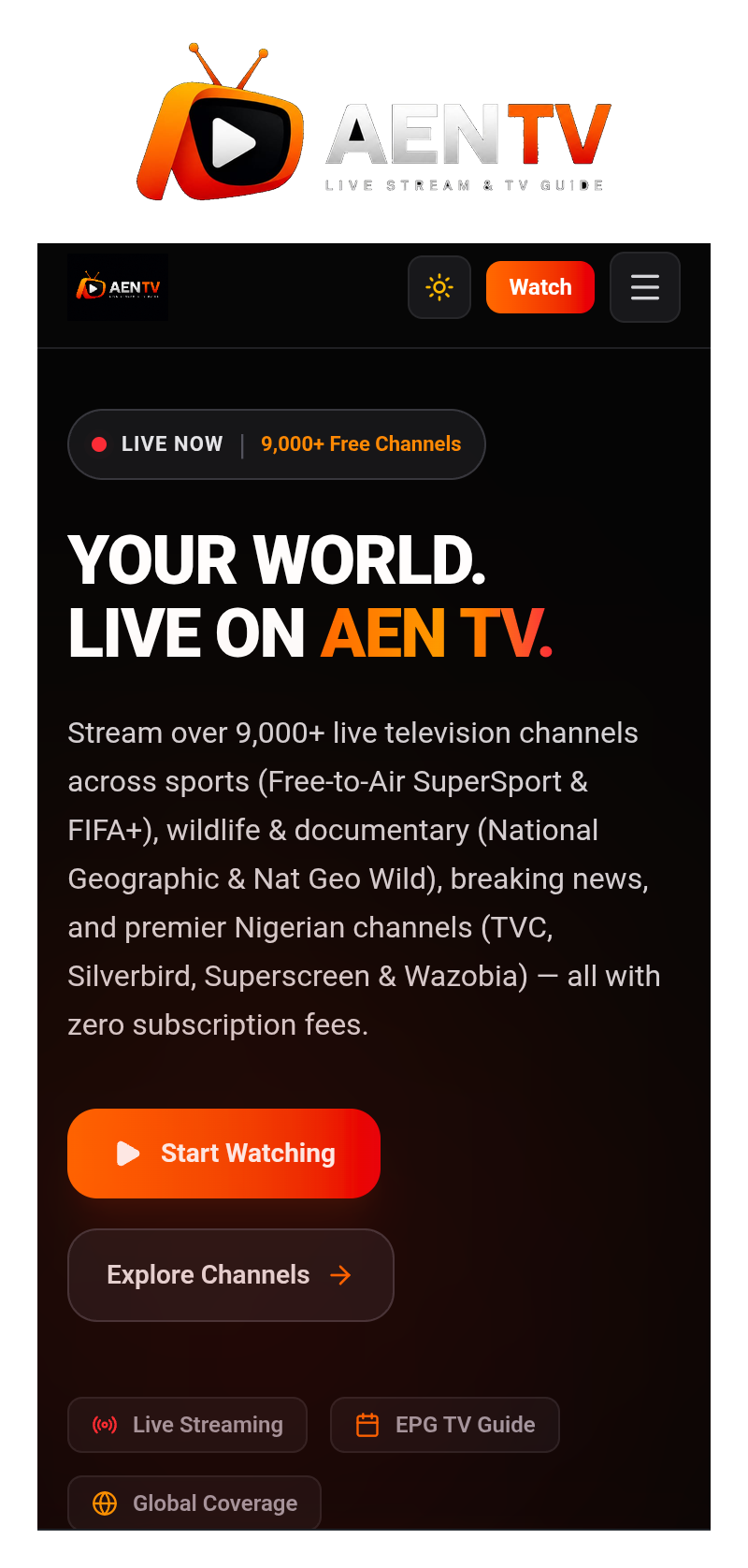 AEN TV logo above a screenshot of the AEN TV homepage, showing free channel counts and streaming categories