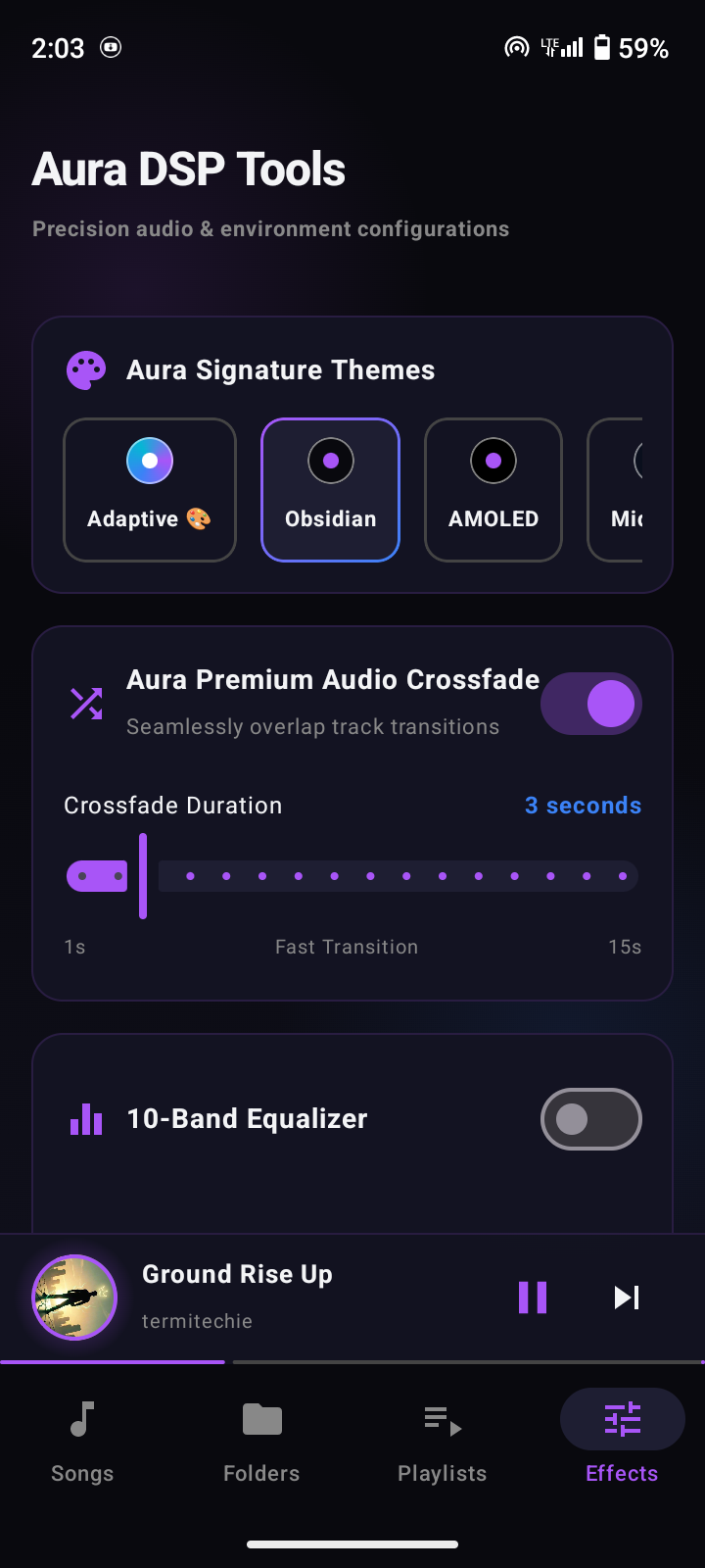 AuraPlay DSP tools screen showing signature themes, audio crossfade, and equalizer controls