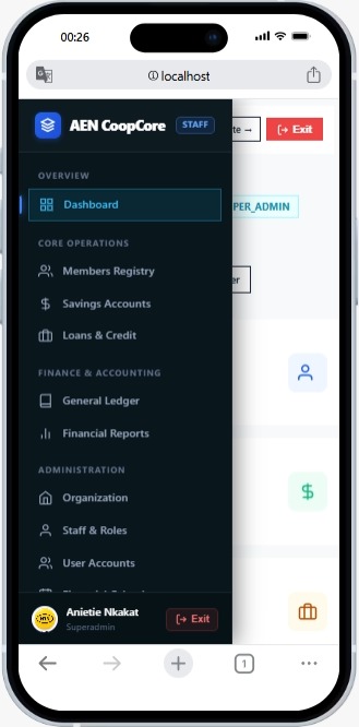 CoopSync admin sidebar showing dashboard, members registry, savings, loans, ledger, and staff roles
