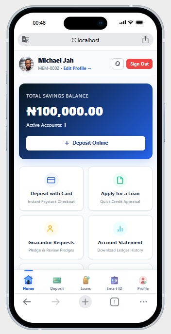 CoopSync member dashboard showing total savings balance and quick actions