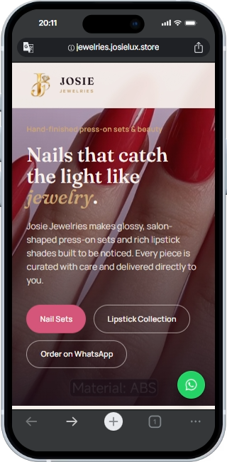 Josie Jewelries mobile storefront showing hand-finished press-on sets and beauty collections