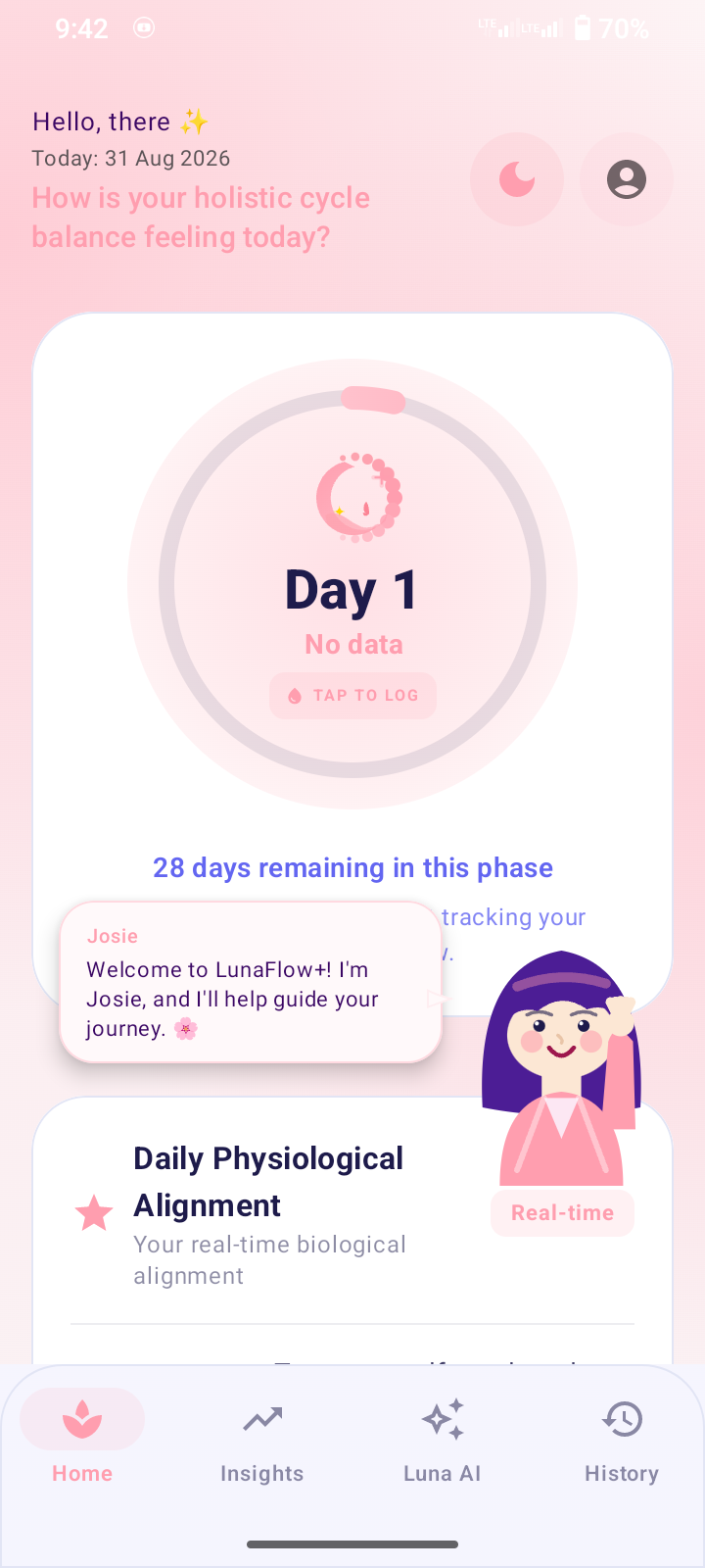 LunaFlow home screen showing cycle day tracker and daily physiological alignment