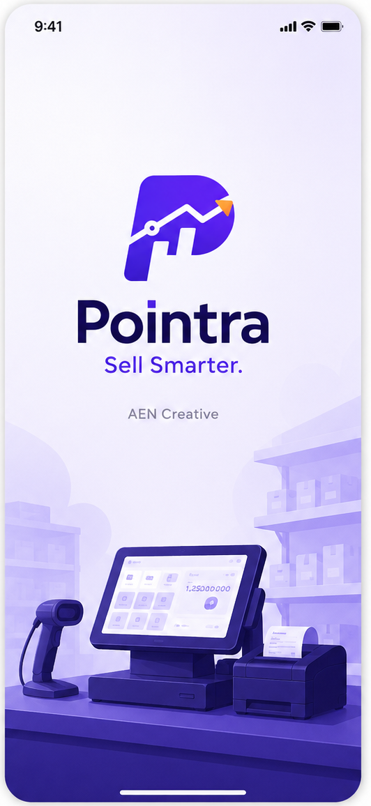 Pointra splash screen: Sell Smarter, over a point of sale checkout counter scene