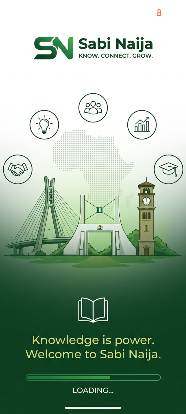 SabiNaija splash screen: Knowledge is power. Welcome to Sabi Naija.